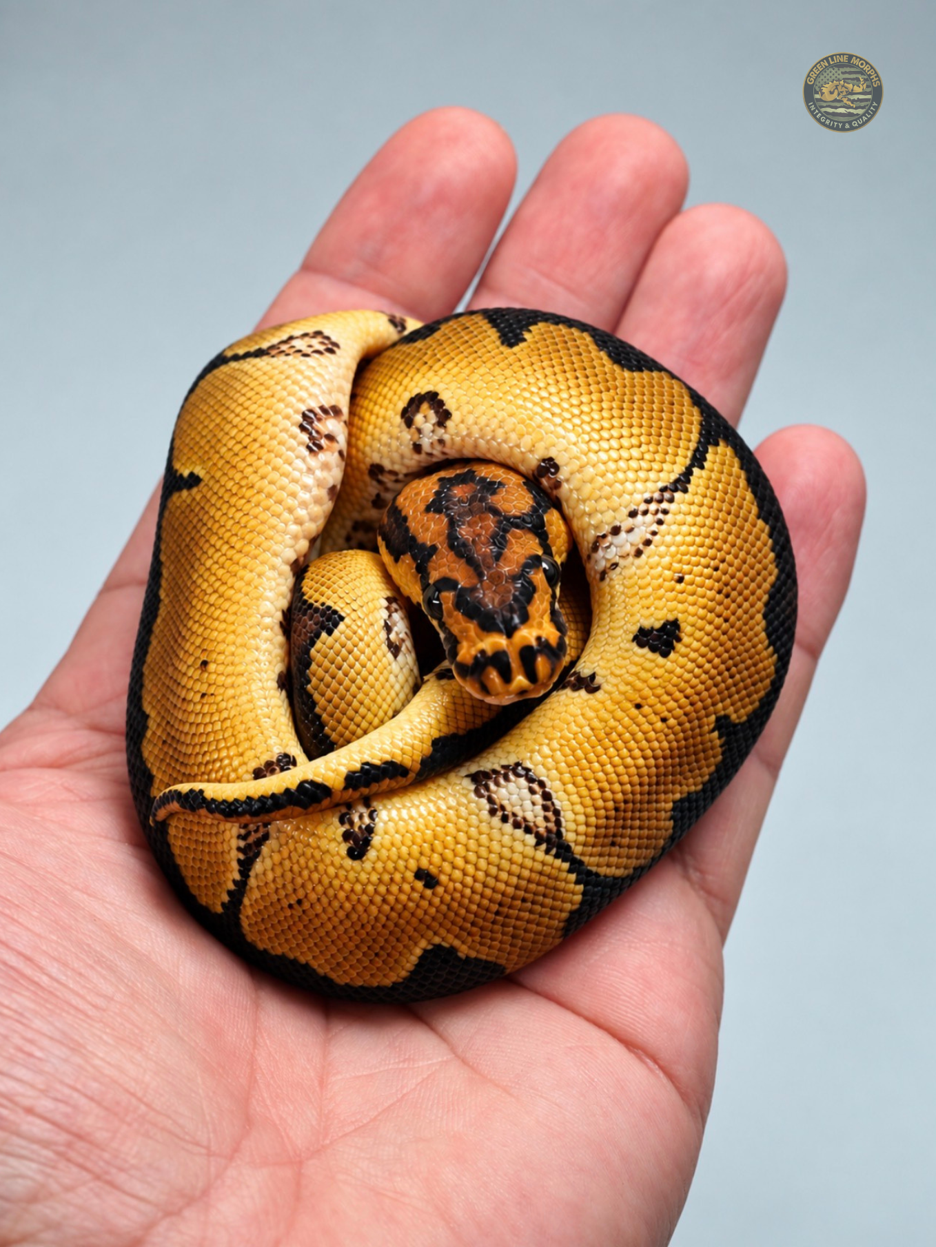 Bang Clown ball python produced by Green Line Morphs, curled up in an open hand