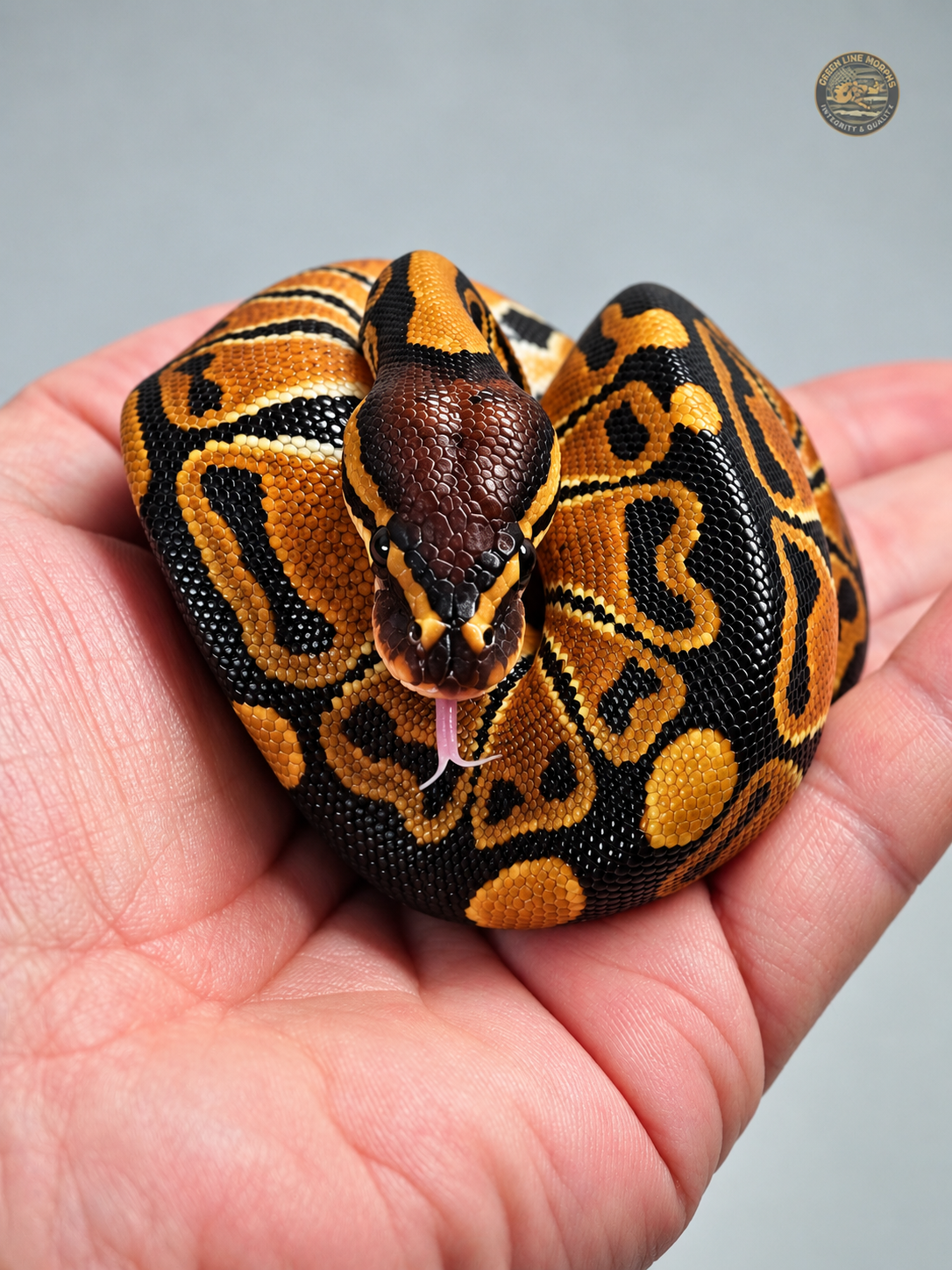 Bang Het Clown ball python produced by Green Line Morphs, balled up in an open hand