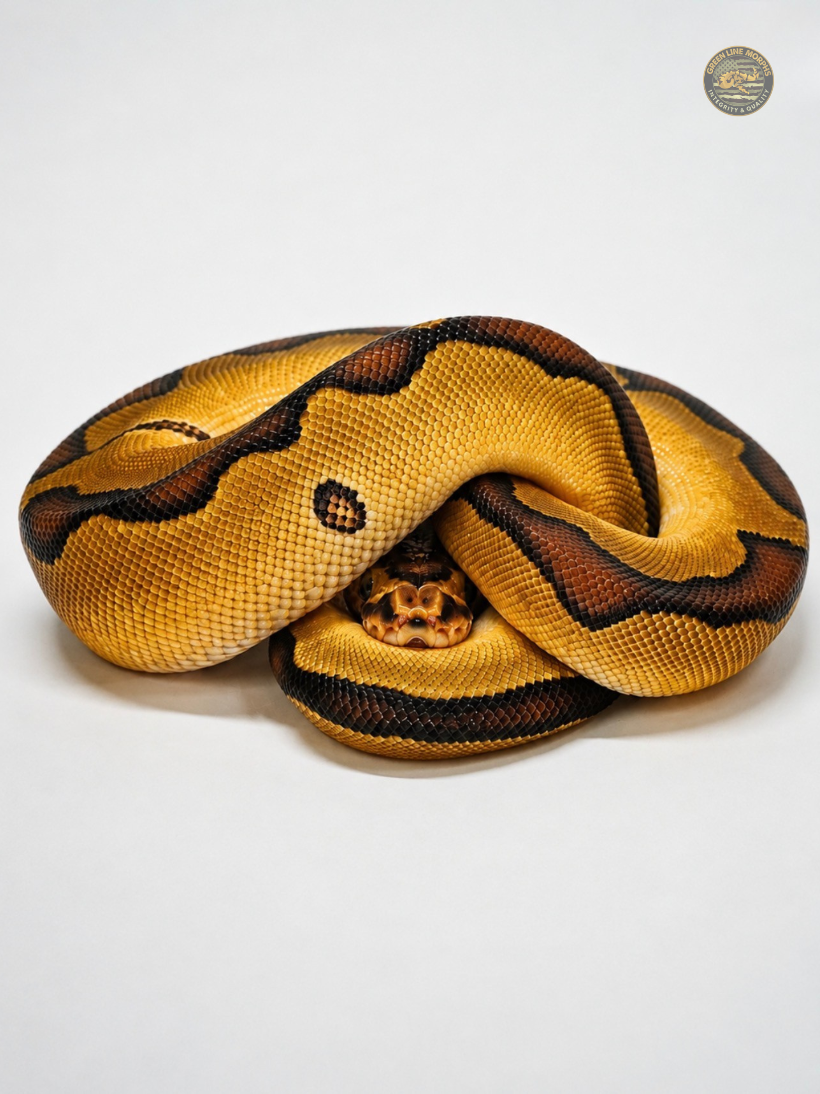 Enchi Bang Clown ball python produced by Green Line Morphs, resting low in its coils