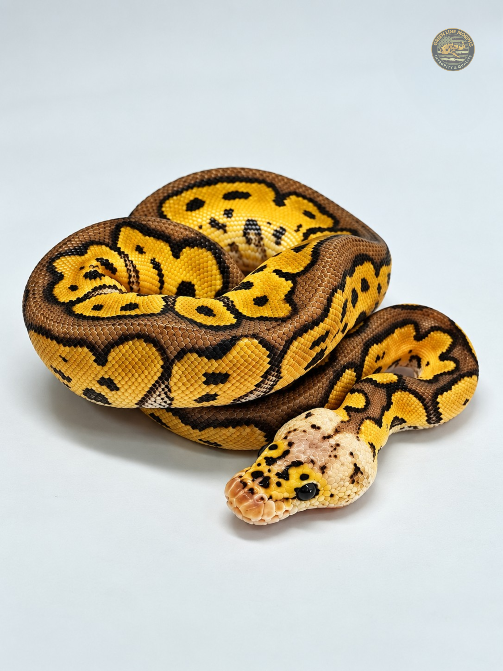 Pastel Bang Clown ball python produced by Green Line Morphs, coiled on a white studio backdrop