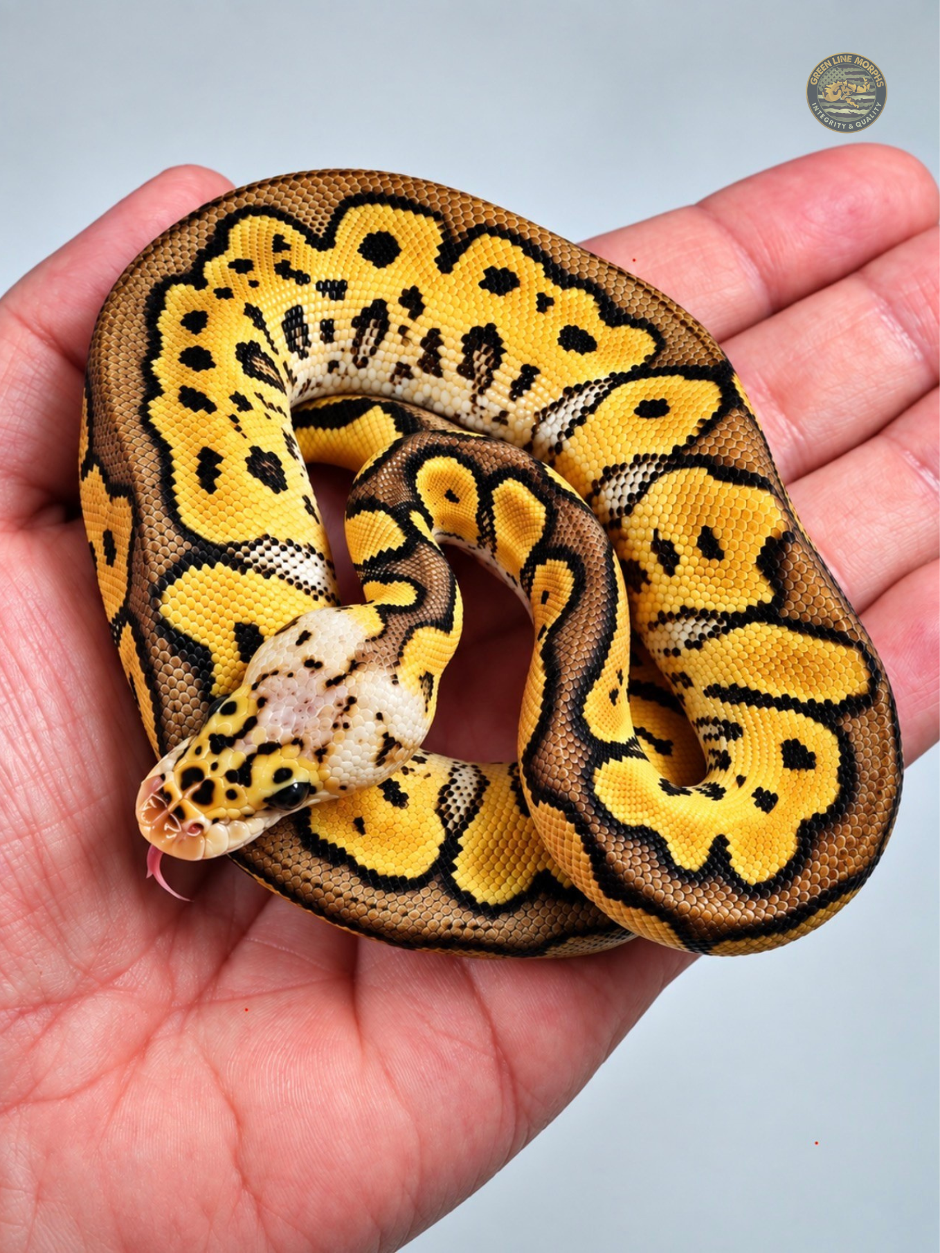 Pastel Bang Clown ball python produced by Green Line Morphs, coiled across an open hand with tongue flicked